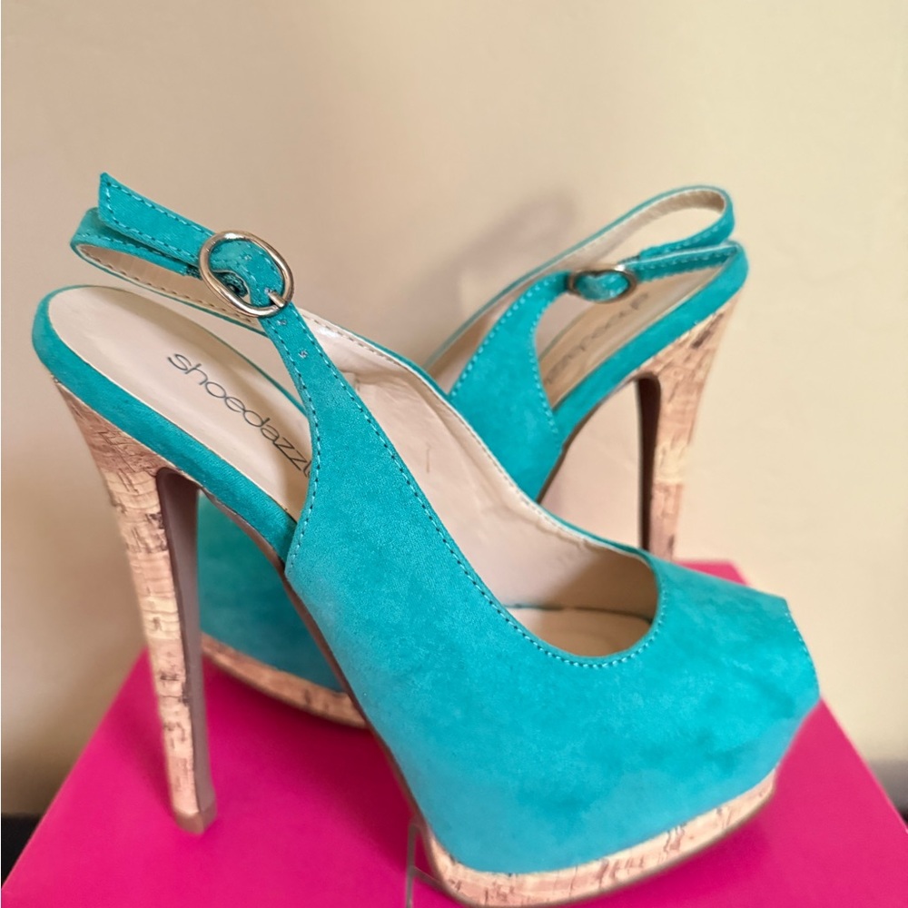 Shoe Dazzle Turquoise Peep Toe Slingback Heels - Picture 3 of 3
